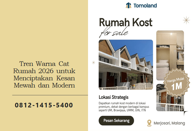 Tren Warna Cat Rumah 2026 menghadirkan nuansa elegan yang memadukan kemewahan dan kesan modern secara harmonis. Tahun ini, pemilik rumah semakin berani mengeksplorasi warna dengan karakter kuat namun tetap nyaman dipandang. Selain itu, perpaduan tone hangat dan dingin menciptakan suasana yang seimbang di berbagai konsep hunian. Banyak desainer interior memadukan warna natural dengan sentuhan bold untuk mempertegas identitas ruang. Oleh karena itu, pemilihan warna cat tidak lagi sekadar mengikuti tren, tetapi juga mencerminkan gaya hidup. Dengan memahami arah perkembangan warna terbaru, Anda dapat menciptakan hunian yang tampil estetik, berkelas, dan relevan sepanjang tahun. Tren Warna Cat Rumah 2026 Bernuansa Earthy Elegan Tren Warna Cat Rumah 2026 menonjolkan warna earthy yang terasa hangat dan membumi. Warna seperti terracotta, olive, dan beige modern menjadi favorit banyak pemilik rumah. Selain memberikan kesan natural, warna ini juga menghadirkan atmosfer yang tenang dan eksklusif. Earthy tone cocok untuk ruang tamu, ruang keluarga, hingga fasad rumah minimalis. Bahkan, warna ini mudah dipadukan dengan material kayu, batu alam, maupun elemen logam. Oleh sebab itu, konsep rumah modern klasik semakin terlihat mewah dengan kombinasi warna alami ini. Selanjutnya, Anda dapat menambahkan pencahayaan warm white untuk mempertegas kesan hangat. Strategi ini membantu ruangan terlihat luas dan nyaman. Dengan demikian, rumah tidak hanya tampak modern, tetapi juga terasa hidup dan berkarakter. Perpaduan Warna Netral dan Bold yang Modern Selain warna earthy, perpaduan netral dan bold menjadi bagian penting dari Tren Warna Cat Rumah 2026. Warna abu-abu muda, putih tulang, dan cream menjadi dasar yang fleksibel. Kemudian, desainer menambahkan aksen navy, emerald, atau maroon untuk mempertegas fokus visual. Kombinasi ini menciptakan kontras yang elegan tanpa terlihat berlebihan. Misalnya, Anda dapat mengaplikasikan warna netral pada dinding utama. Setelah itu, gunakan warna bold pada satu sisi dinding sebagai aksen. Teknik ini sering digunakan dalam desain interior modern minimalis. Hasilnya, ruangan tampak dinamis dan tetap berkelas. Selain itu, perpaduan tersebut membantu memperkuat karakter ruang tanpa mengurangi kenyamanan visual. Inspirasi Warna Cat Rumah 2026 untuk Setiap Ruangan Memilih warna sesuai fungsi ruangan sangat penting. Oleh karena itu, berikut rekomendasi warna berdasarkan area hunian: Ruang Tamu Gunakan warna beige hangat atau greige modern. Warna ini menciptakan kesan ramah dan elegan. Kamar Tidur Pilih sage green atau dusty blue. Warna ini membantu menciptakan suasana relaks dan nyaman. Dapur Aplikasikan warna putih hangat dengan sentuhan olive. Kombinasi ini memberi kesan bersih dan segar. Kamar Mandi Gunakan warna abu-abu muda atau soft cream. Warna ini memperkuat kesan luas dan higienis. Fasad Rumah Padukan warna charcoal dengan aksen kayu alami. Tampilan ini terlihat modern dan eksklusif. Dengan memilih warna yang tepat, Anda dapat memaksimalkan estetika sekaligus fungsi setiap ruang. Selain itu, rumah akan terlihat selaras secara keseluruhan. Tabel Kombinasi Warna Populer 2026 Berikut kombinasi warna yang mendominasi Tren Warna Cat Rumah 2026 dan relevan untuk berbagai konsep hunian: Warna Utama Warna Pendamping Kesan yang Dihasilkan Cocok untuk Greige Modern Putih Tulang Elegan & Bersih Ruang Tamu Olive Green Cream Hangat Natural & Tenang Kamar Tidur Charcoal Kayu Natural Mewah & Tegas Fasad Rumah Dusty Blue Abu-Abu Muda Modern & Lembut Ruang Kerja Terracotta Beige Soft Hangat & Artistik Ruang Keluarga Tabel di atas membantu Anda menentukan kombinasi warna sesuai kebutuhan. Selain itu, Anda dapat menyesuaikannya dengan konsep desain interior rumah minimalis maupun modern klasik. Sentuhan Warna Gelap untuk Kesan Mewah Warna gelap semakin populer dalam Tren Warna Cat Rumah 2026. Banyak desainer menggunakan warna navy, deep green, dan charcoal untuk menciptakan kesan dramatis. Meskipun terlihat berani, warna ini tetap menghadirkan kemewahan. Namun demikian, Anda perlu memperhatikan pencahayaan ruangan. Gunakan lampu dengan tone hangat agar ruangan tidak terasa suram. Selain itu, kombinasikan dengan furnitur berwarna terang untuk menjaga keseimbangan visual. Teknik ini efektif untuk ruang kerja, ruang makan, atau area lounge. Dengan strategi tepat, warna gelap justru memperkuat karakter hunian modern Anda. Pengaruh Tren Warna Cat Rumah 2026 pada Desain Interior Tren Warna Cat Rumah 2026 tidak hanya memengaruhi tampilan dinding, tetapi juga konsep desain interior secara keseluruhan. Warna kini menjadi elemen utama yang menentukan mood ruang. Oleh sebab itu, pemilihan warna harus selaras dengan konsep furnitur dan dekorasi. Selain itu, tren ini mendorong penggunaan material alami seperti kayu, marmer, dan batu alam. Kombinasi warna modern dengan tekstur alami menciptakan keseimbangan visual yang kuat. Bahkan, banyak pengembang properti mengadopsi tren ini pada hunian premium. Jika Anda ingin menerapkan konsep hunian eksklusif dengan pemilihan warna terbaik, kunjungi inspirasi desain melalui pengembang properti terpercaya. Anda dapat menemukan referensi warna dan konsep rumah modern sesuai kebutuhan. Warna Pastel Modern yang Tetap Relevan Selain warna bold, pastel modern tetap bertahan dalam Tren Warna Cat Rumah 2026. Warna seperti soft peach, muted lavender, dan baby blue menghadirkan suasana ringan. Warna ini cocok untuk hunian bergaya minimalis kontemporer. Pastel modern juga mudah dipadukan dengan elemen dekoratif seperti cermin besar dan pencahayaan alami. Dengan demikian, ruangan terlihat lebih luas dan segar. Banyak keluarga muda memilih warna ini karena tampilannya simpel namun tetap elegan. Anda dapat mengaplikasikan pastel pada kamar anak, ruang santai, atau area kerja di rumah. Strategi ini membantu menciptakan suasana yang nyaman tanpa mengurangi kesan modern. Tips Memilih Warna Sesuai Karakter Hunian Memilih warna tidak boleh sembarangan. Pertama, pahami konsep arsitektur rumah Anda. Rumah minimalis membutuhkan warna sederhana dan bersih. Sebaliknya, rumah klasik cocok dengan warna hangat dan mewah. Kedua, perhatikan pencahayaan alami. Ruangan terang lebih fleksibel untuk warna gelap. Namun, ruangan minim cahaya sebaiknya menggunakan warna cerah. Ketiga, sesuaikan warna dengan ukuran ruangan. Warna terang membuat ruang kecil terlihat luas. Terakhir, jangan ragu mengombinasikan beberapa tone yang selaras. Dengan perencanaan matang, Anda dapat mengikuti Tren Warna Cat Rumah 2026 tanpa kehilangan identitas hunian. Penutup Memahami Tren Warna Cat Rumah 2026 membantu Anda menciptakan hunian yang mewah dan modern. Selain meningkatkan estetika, pemilihan warna yang tepat juga memperkuat kenyamanan dan nilai properti Anda. Oleh karena itu, jangan ragu berkonsultasi sebelum menentukan warna terbaik untuk rumah impian Anda. Segera wujudkan hunian elegan sesuai tren terbaru. Hubungi admin kami sekarang juga melalui WhatsApp di 0812-1415-5400 dan dapatkan konsultasi terbaik hari ini.