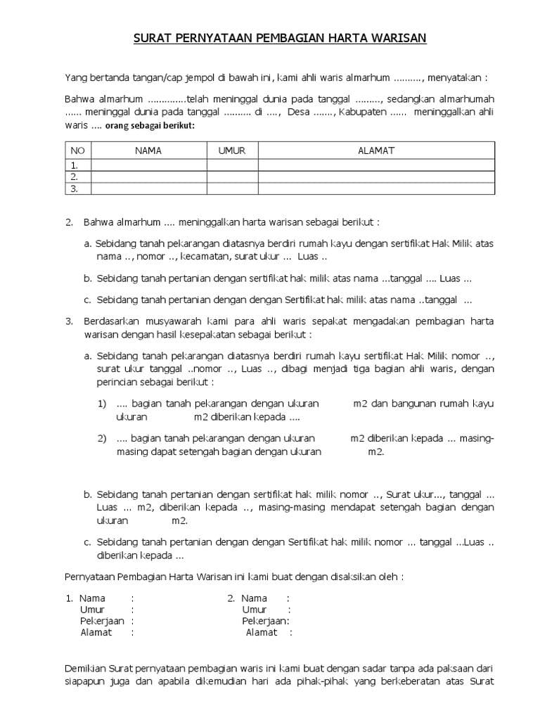 Contoh Surat Kesepakatan Pembagian Waris yang Sah dan Legal di Mata Hukum